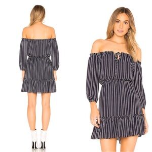 BB Dakota Blue and White Ruffled Off-Shoulder Mini Dress